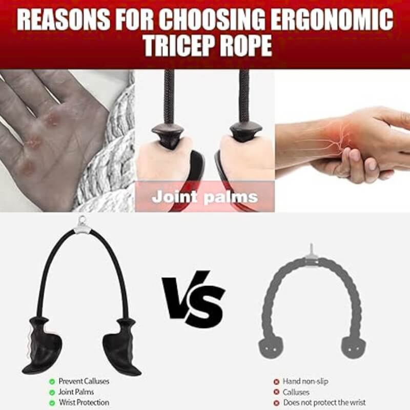 Ergonomic tricep rope attachment with joint palms design, showing benefits and comparison to traditional ropes.