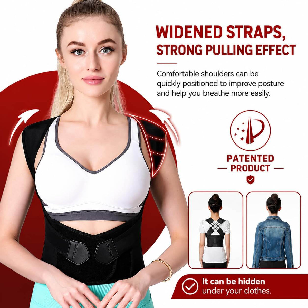 A woman modeling a posture corrector back brace with widened black shoulder straps and a black waist belt over a white sports bra. The image includes marketing text highlighting widened straps, strong pulling effect, patented product, and the brace being hidden under clothes, with small before/after style insets showing front and back views.
