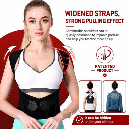 A woman modeling a posture corrector back brace with widened black shoulder straps and a black waist belt over a white sports bra. The image includes marketing text highlighting widened straps, strong pulling effect, patented product, and the brace being hidden under clothes, with small before/after style insets showing front and back views.