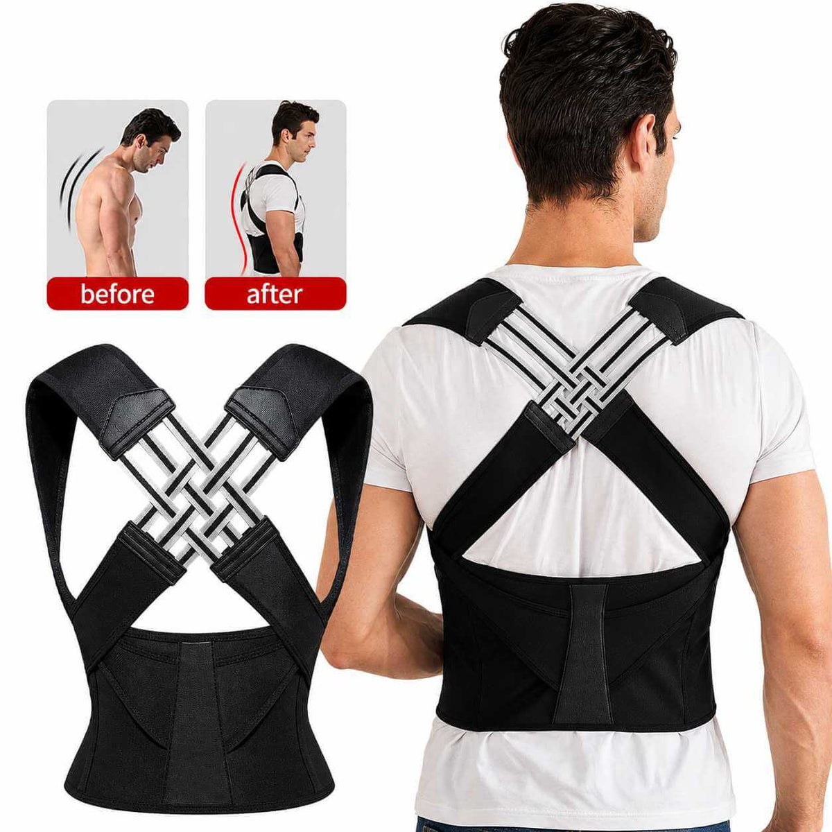 A black posture corrector brace shown on a man from the back, with a separate front view inset on the left and small before/after posture comparison panels at the top left.