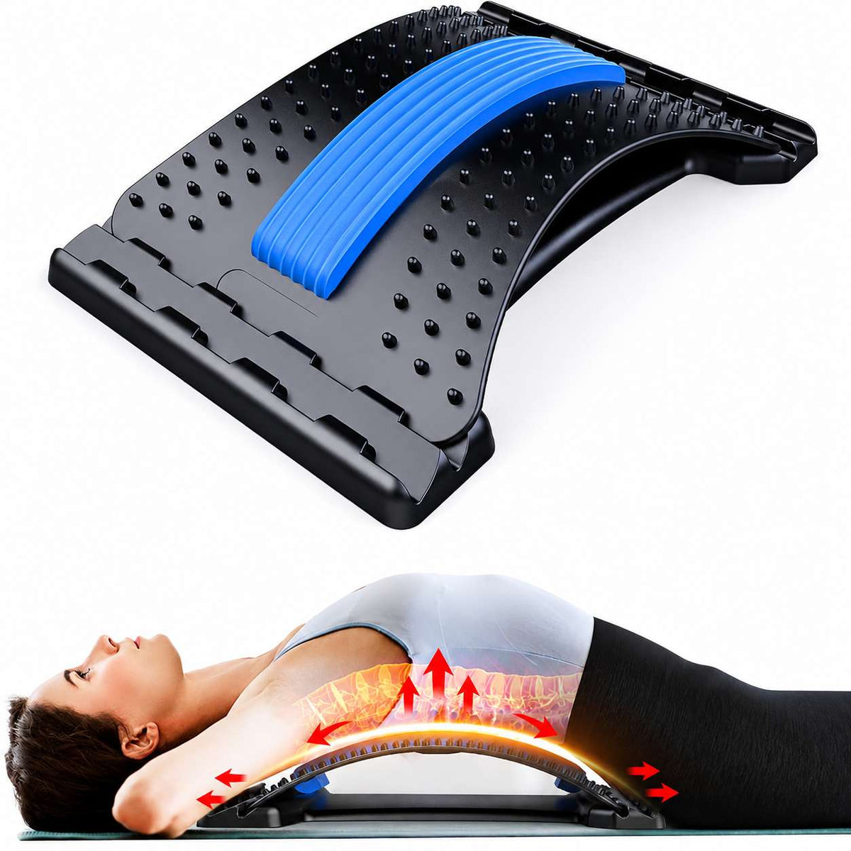 An abdominal exercise roller with a black textured base, a blue curved handle, and red arrows showing movement, with a woman lying on a mat demonstrating its use.
