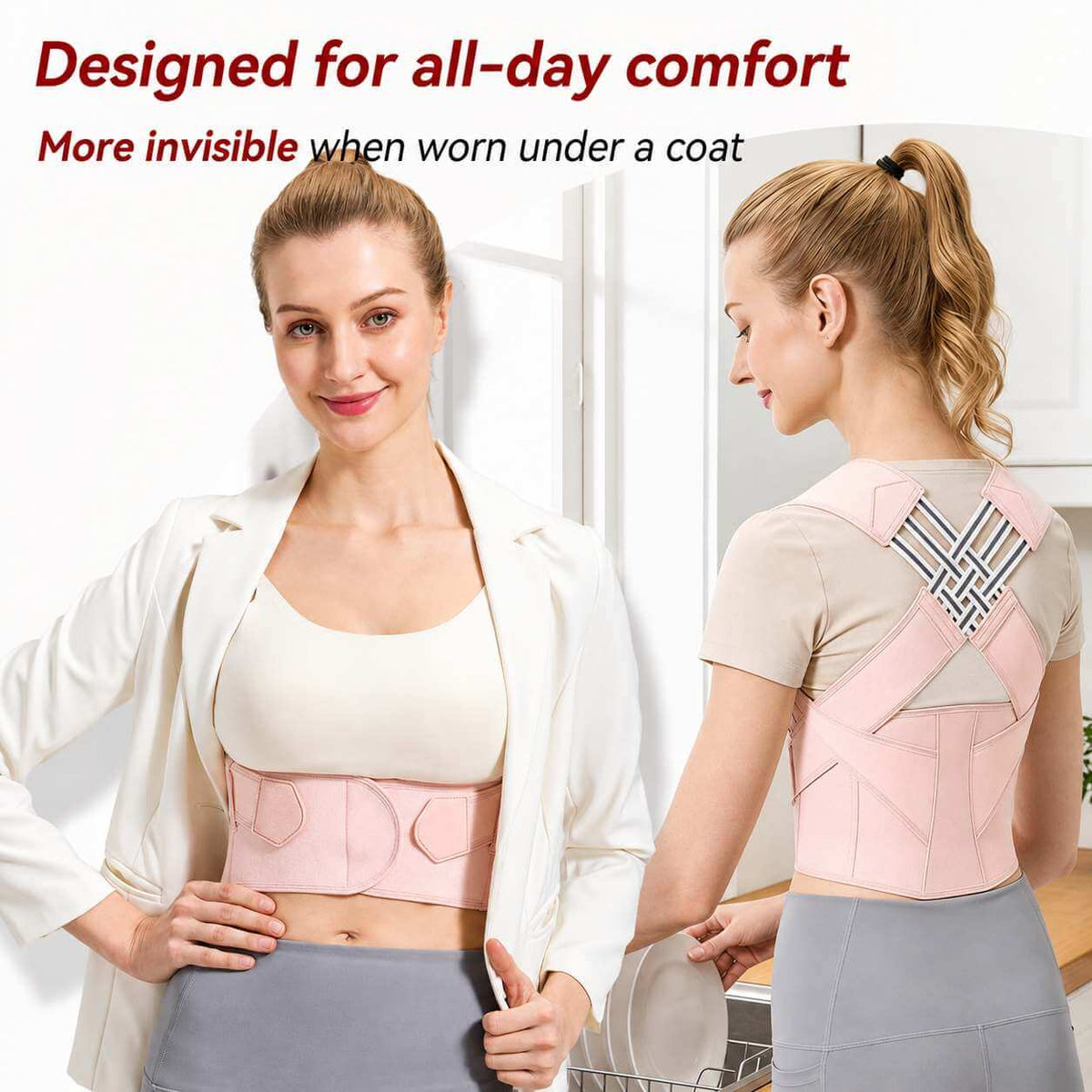 A woman modeling a light pink posture corrector brace on her lower back and waist, shown from both front and back views. The image includes promotional text at the top: 'Designed for all-day comfort' and 'More invisible when worn under a coat'.