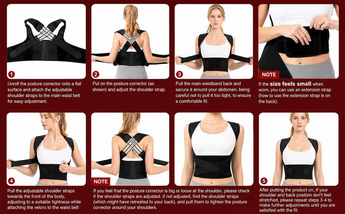 An 8-step instructional diagram showing a woman wearing and adjusting a black posture corrector belt. The diagram features six numbered panels with text instructions and two 'NOTE' panels highlighting fit adjustments.