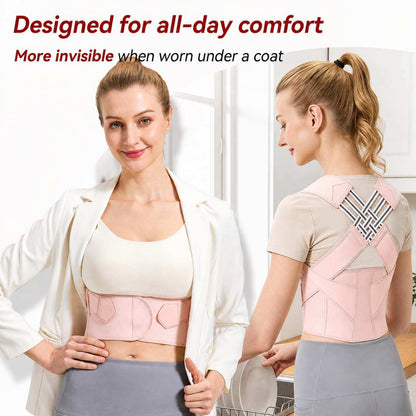 A woman modeling a light pink posture corrector brace on her lower back and waist, shown from both front and back views. The image includes promotional text at the top: 'Designed for all-day comfort' and 'More invisible when worn under a coat'.