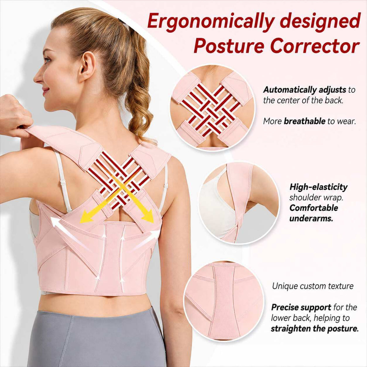 A woman shown from the back wearing a light pink posture corrector brace on her shoulders and upper back. The graphic includes text reading 'Ergonomically designed Posture Corrector' and three circular inset detail views highlighting adjustable back support, high-elasticity shoulder straps, and lower back support.