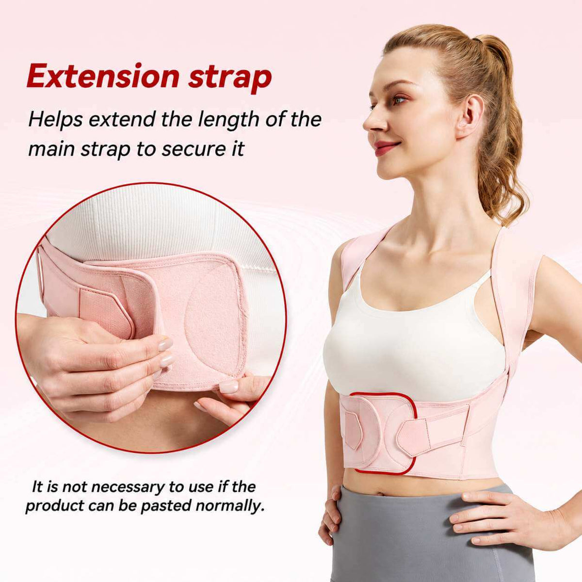 A woman wearing a light pink posture corrector brace on her lower back and waist, shown against a pale pink background with explanatory text and a circular inset demonstrating the extension strap.