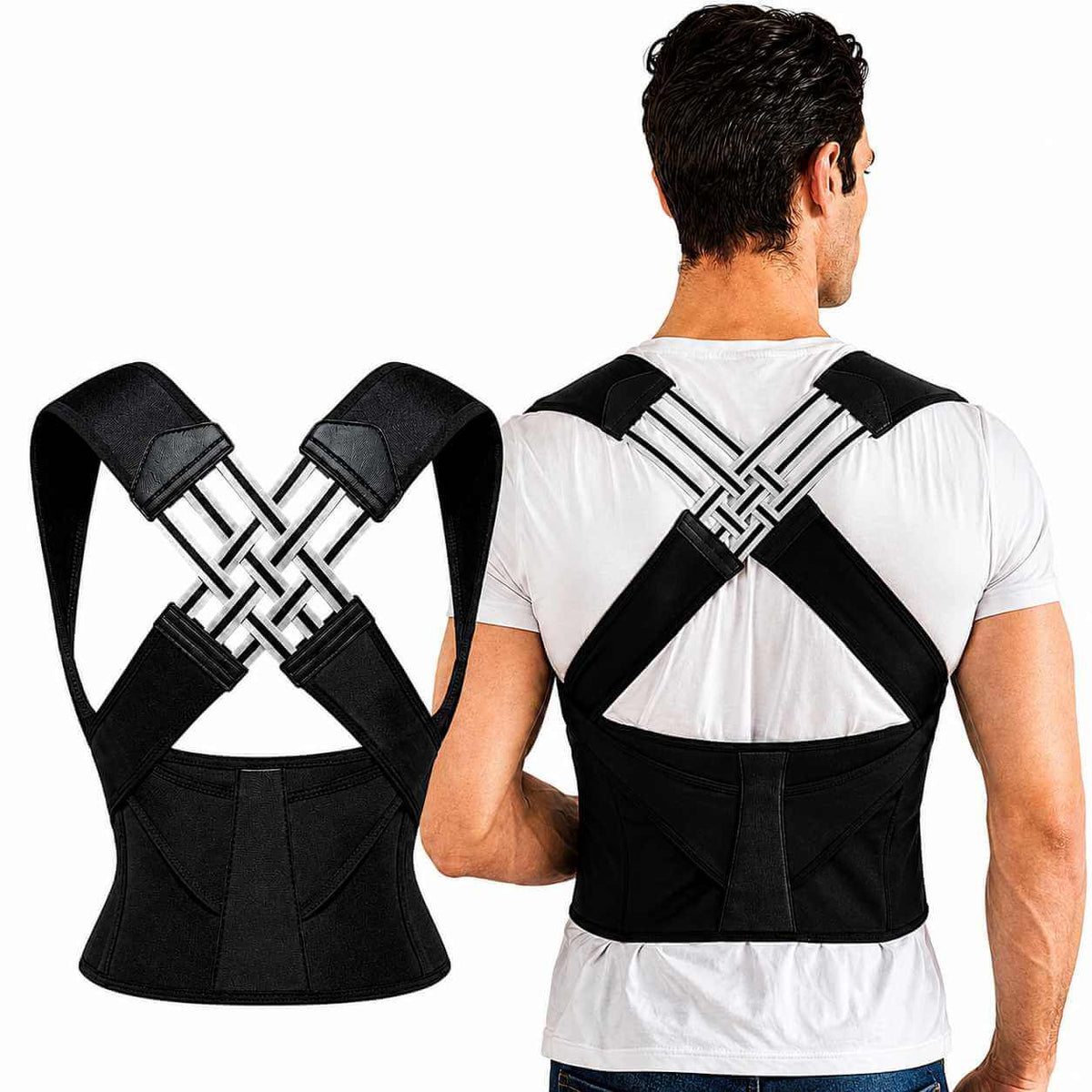 A black posture corrector brace shown from both the front and back on a model. The model is seen from behind wearing the brace over a white t-shirt, and a separate front view of the brace is displayed to the left against a plain white background.