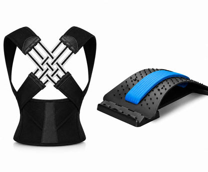 A black posture corrector brace shown from the back on the left, with its white and black X-shaped support structure visible, and a matching black textured mat with a blue strap on the right, set against a plain white background.