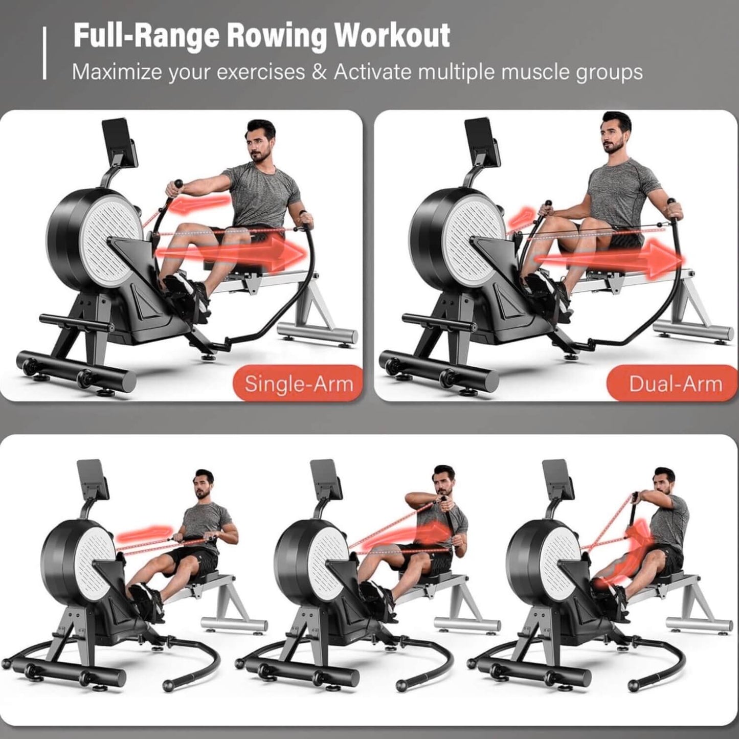 Different types of exercises on a magnetic rowing machine