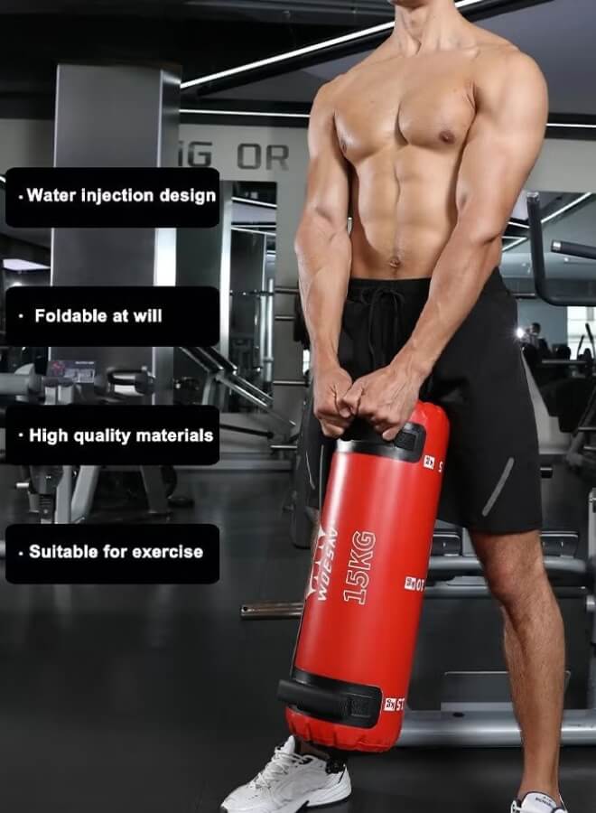 Person holding a red water weight bag​ in a gym setting with text highlighting features.