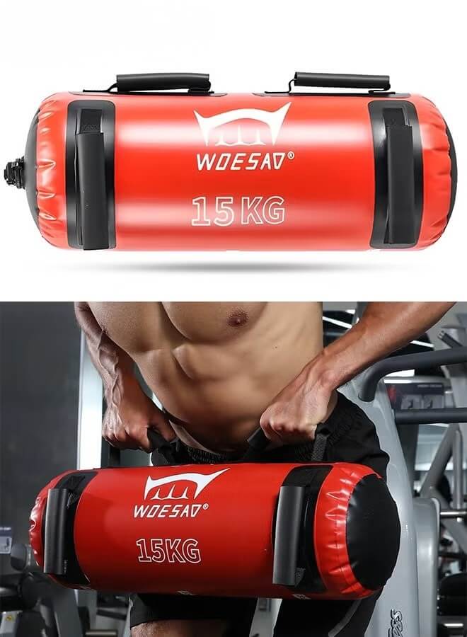 Red and black water weight bag​ with '15 KG' label being used by a person in a gym.