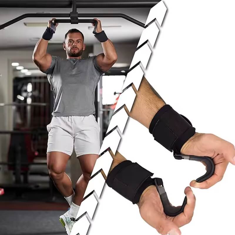 Man exercising in a gym with weight lifting hooks, showing close-up of weight lifting hooks.