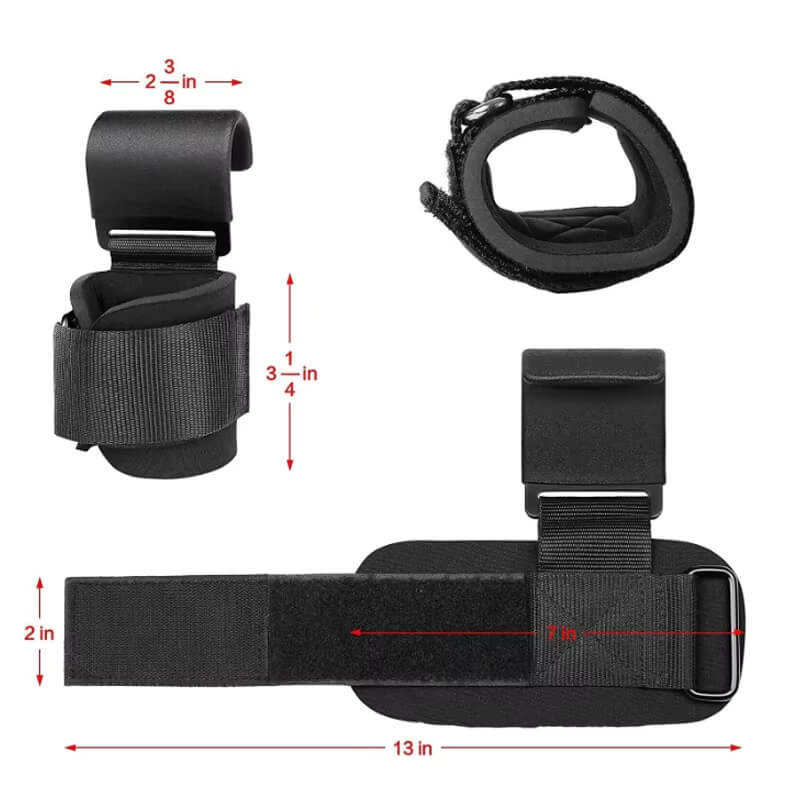 Black weight lifting hooks with measurements on a white background