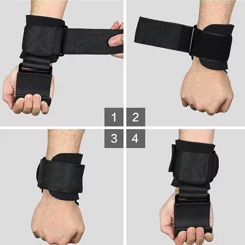 Step-by-step demonstration of wearing a black weight lifting hooks on a gray background.