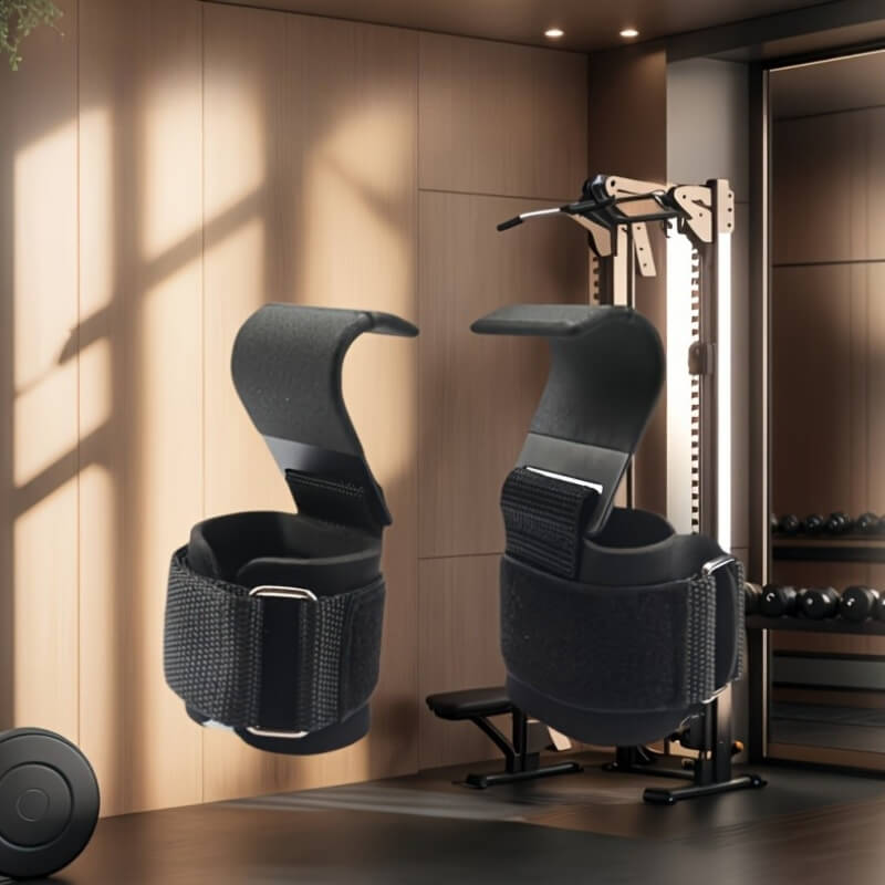 A black weight lifting hooks in a gym setting.