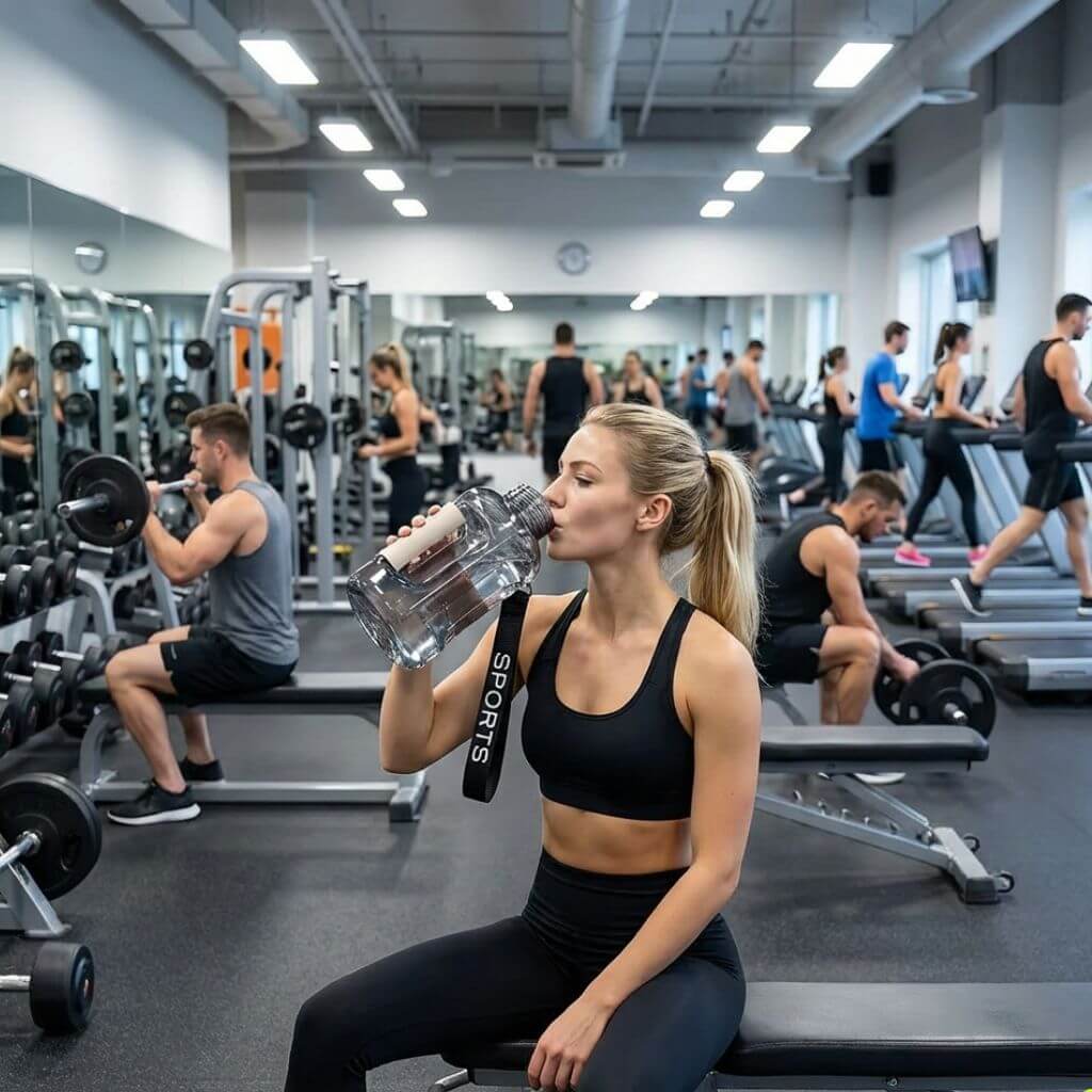 Woman in a gym drinking from a portable hydrogen water bottle with 'Sports' branding.