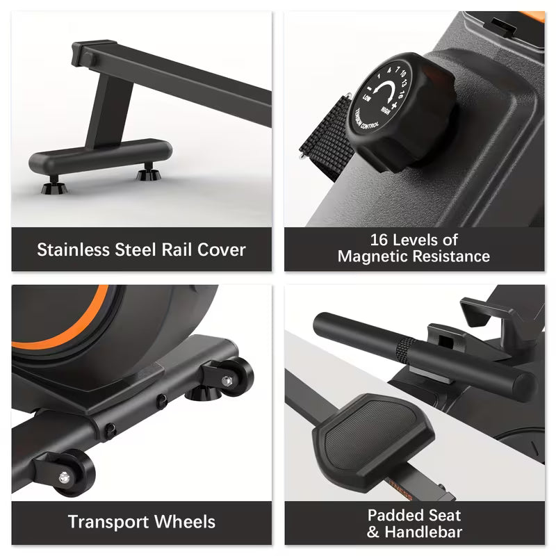 Collage of features of a magnetic rowing machine​ including stainless steel rail cover, magnetic resistance levels, transport wheels, and padded seat & handlebar on a fitness equipment.