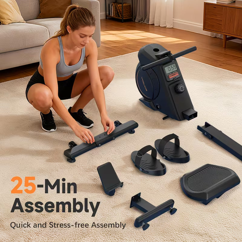 A woman assembling a magnetic rowing machine​ sold by 100 Spartans