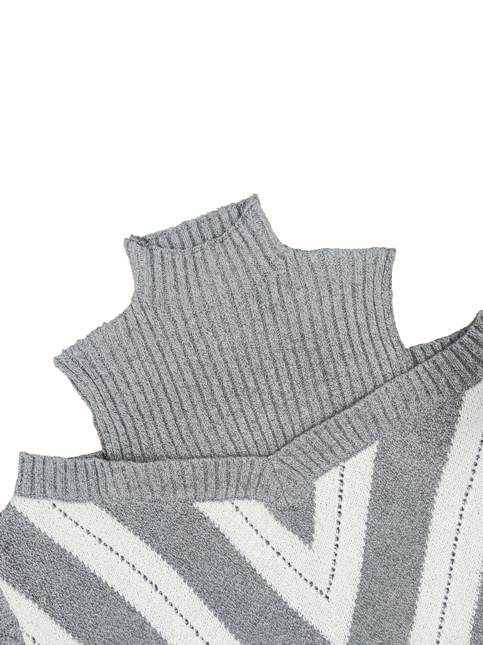 Gray sleeveless off the shoulder sweater with a white zigzag pattern on a white background