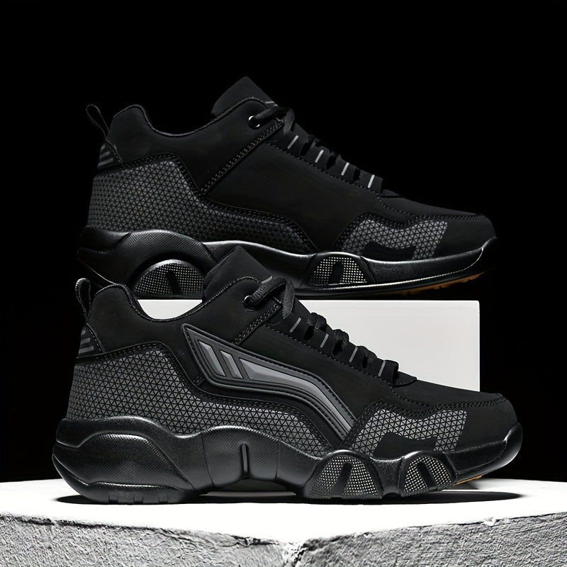 Black high-top sneakers with textured design on a black background