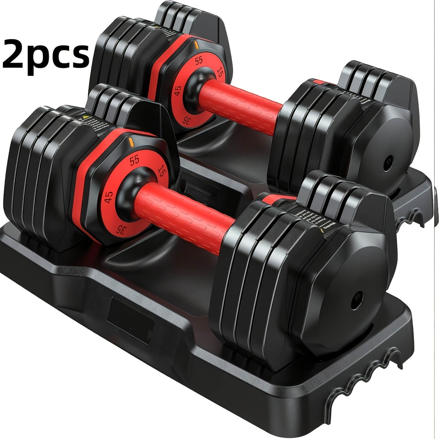 Pair of heavy adjustable dumbbell set with red rods on a white background