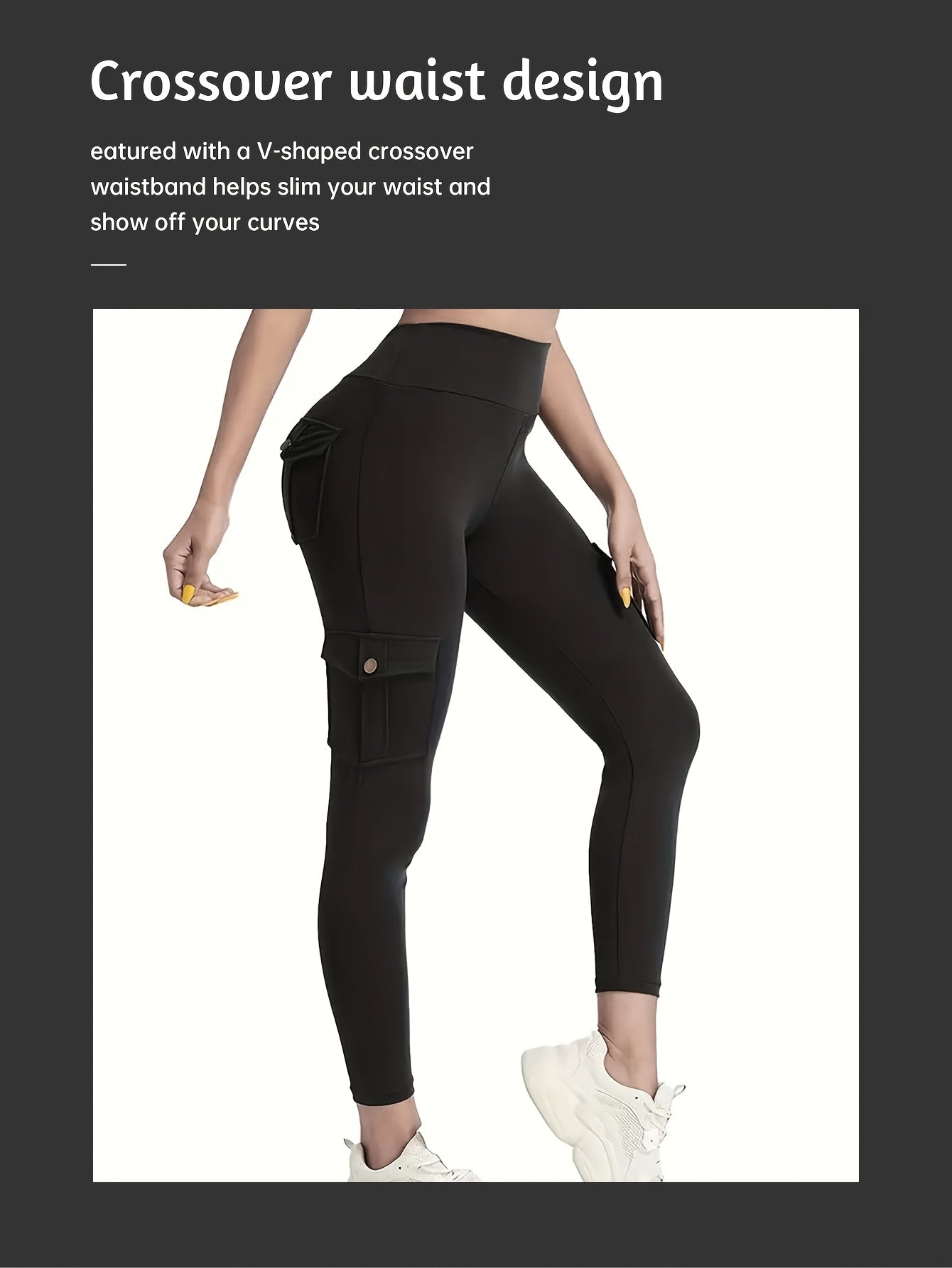 Black yoga leggings with a V-shaped crossover waistband worn by a person, on a plain background.