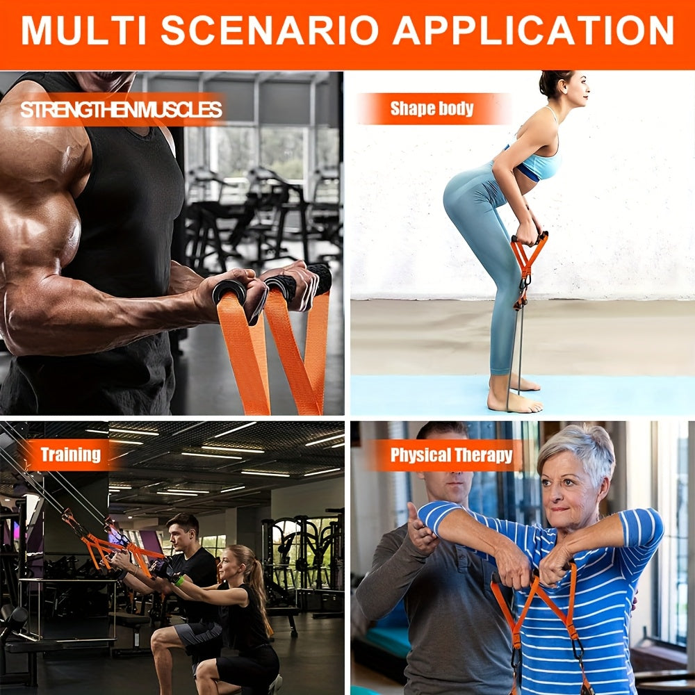 Collage of people using resistance bands for various activities including strength training, body shaping, and physical therapy.