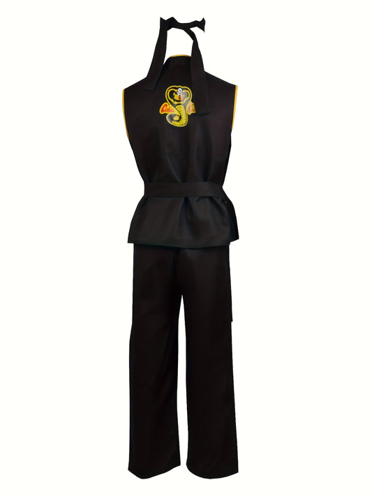 Taekwondo uniform with a yellow snake design on a white background