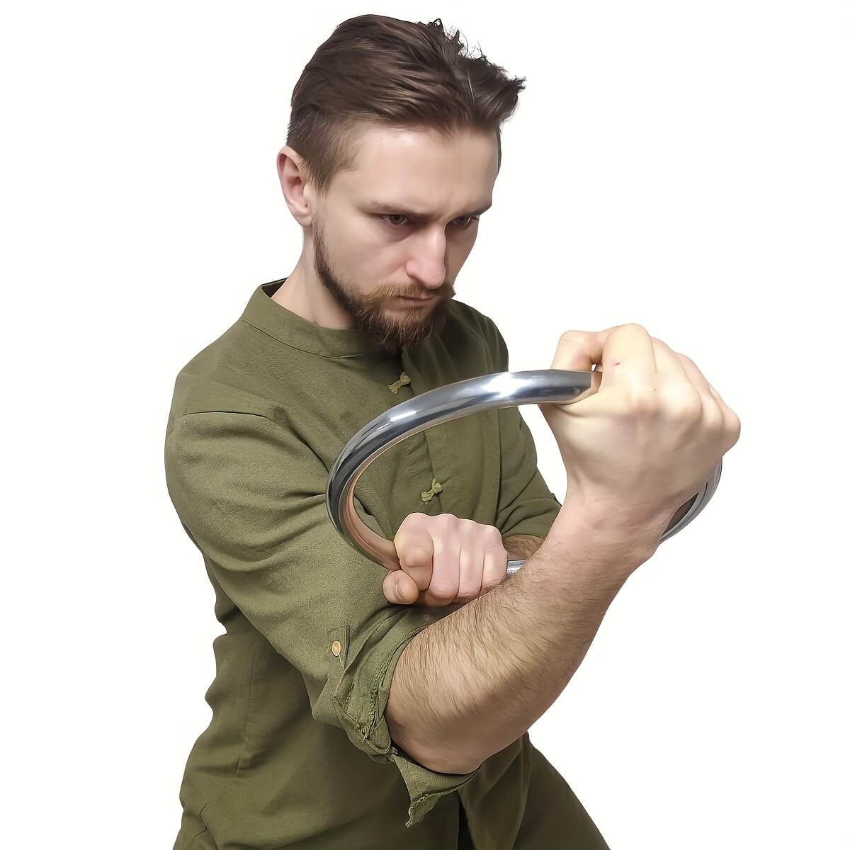 A man training with a wing chun ring on a white background