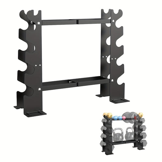 Black metal weight rack with kettlebells on a white background