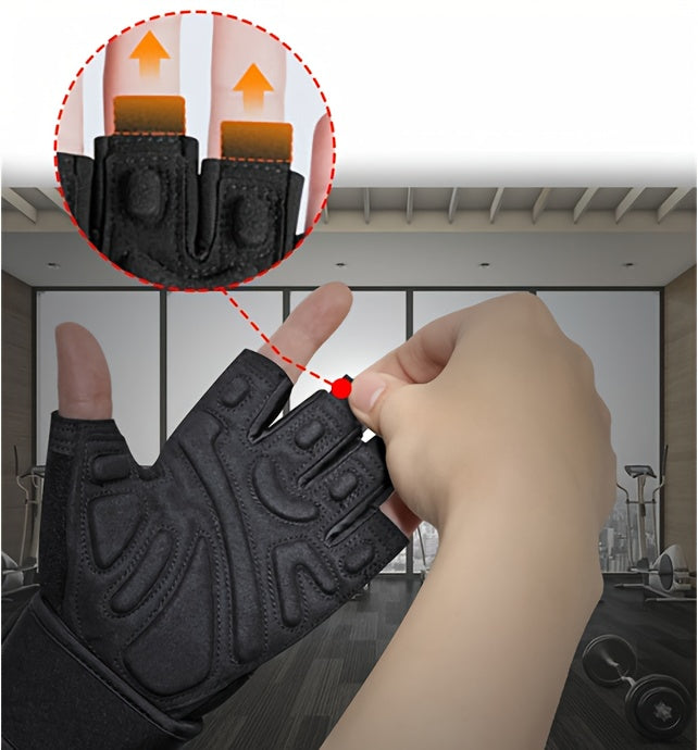 Black half-finger workout gloves with a close-up inset showing padding details, held by a hand indoors.