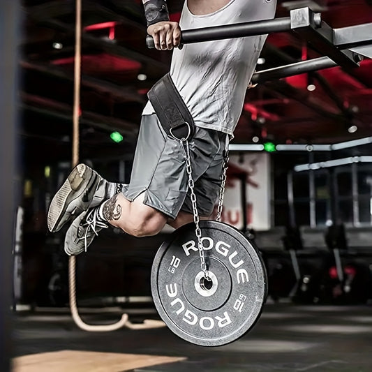 Person wearing a weighted dip belt lifting a barbell with Rogue weight plates in a gym setting