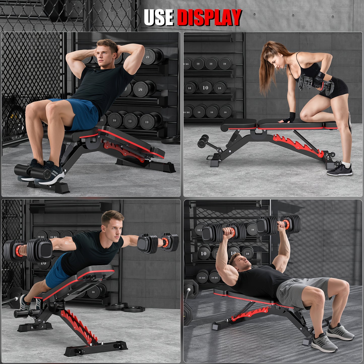 Multifunctional adjustable weight bench being used by people in a gym setting.