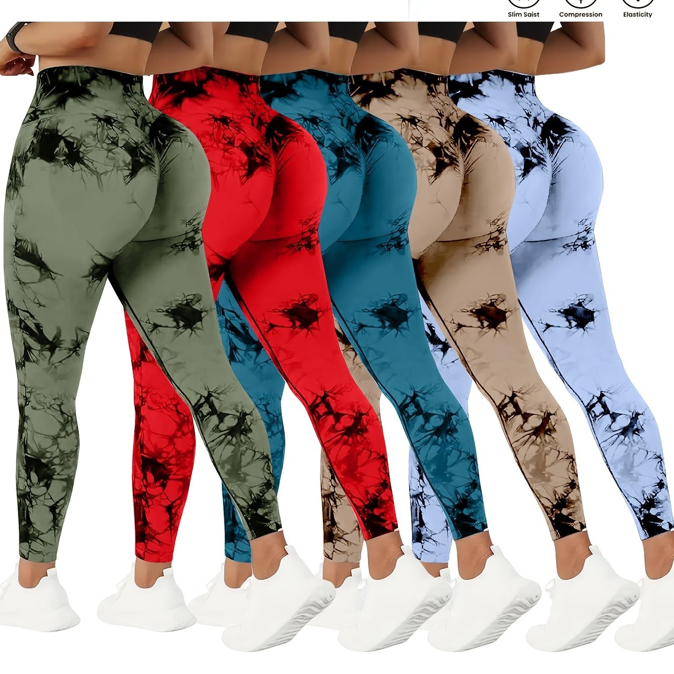 Women wearing different colors of high waisted yoga leggings sold by 100 Spartans