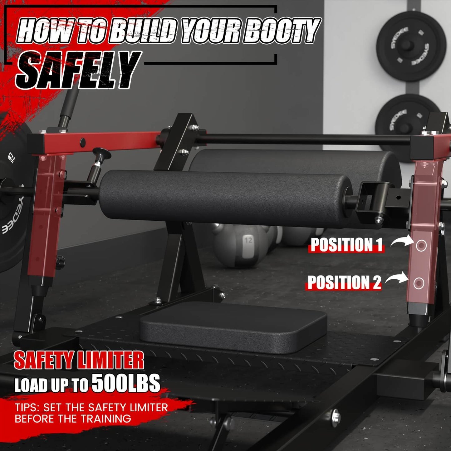 A glute bridge machine with safety limiter display and text on building muscle safely.