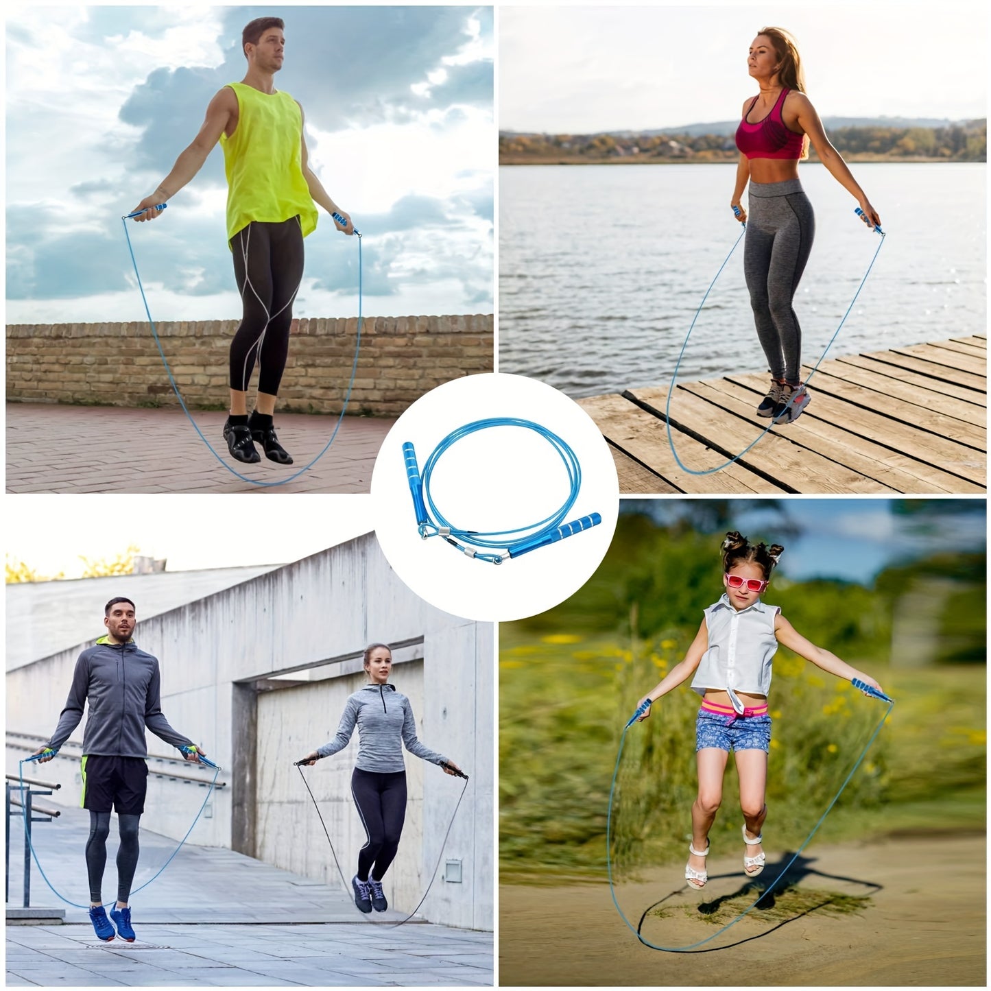Collage of people using adjustable skipping rope outdoors with a close-up of a blue jump rope.
