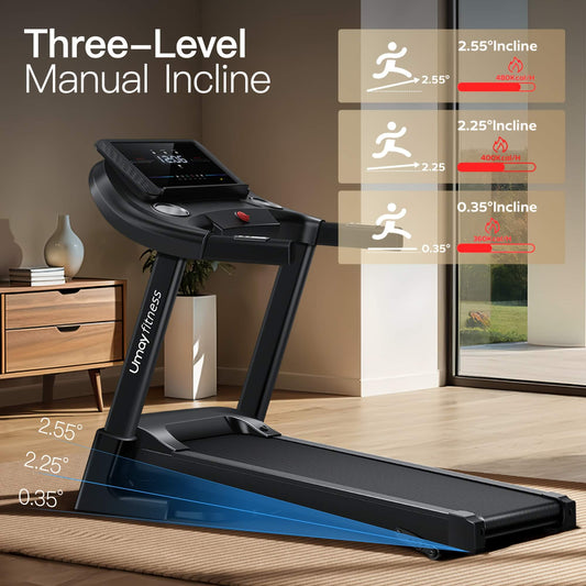 Umay treadmill with three-level manual incline feature in a home setting