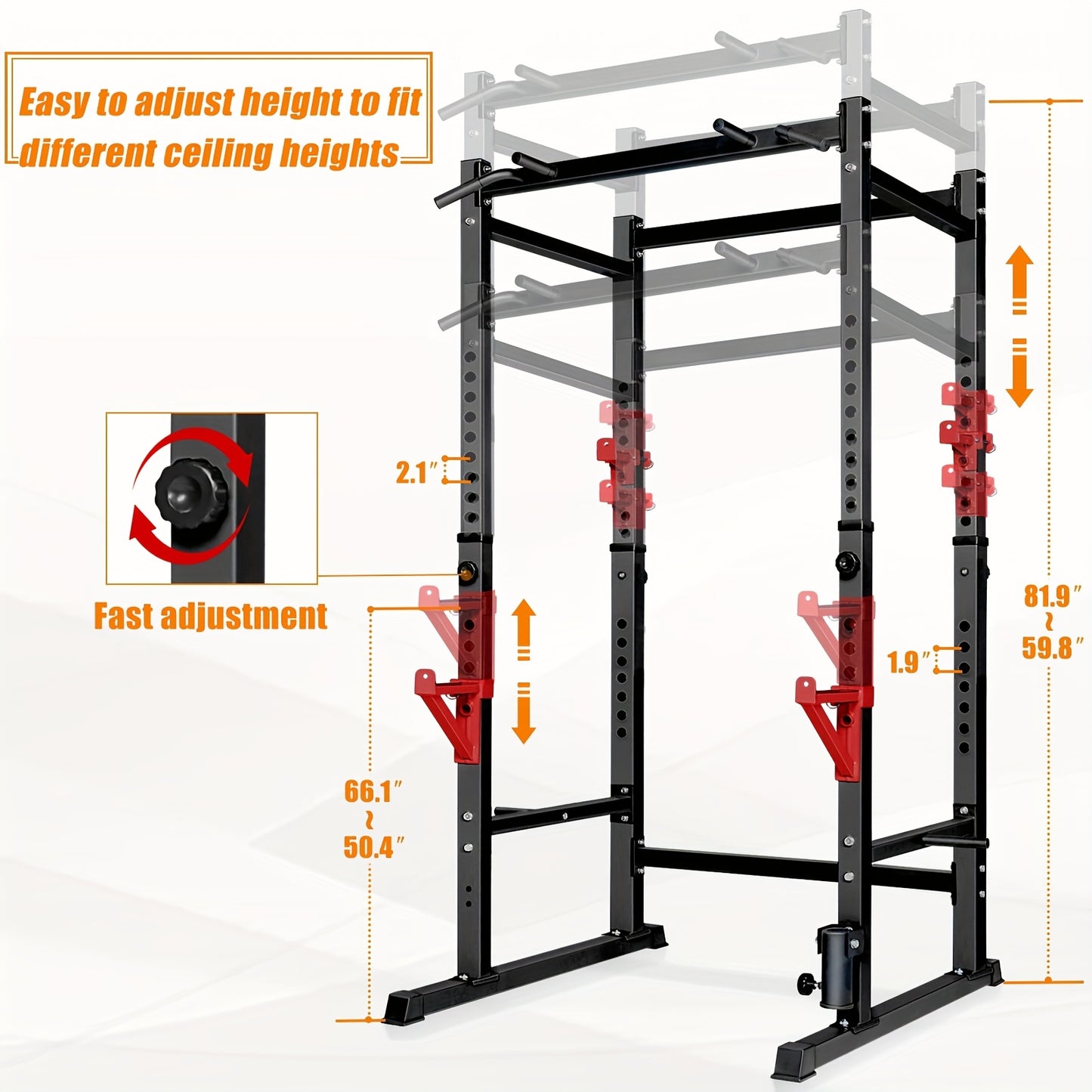 Adjustable squat rack with adjustable height feature on a white background