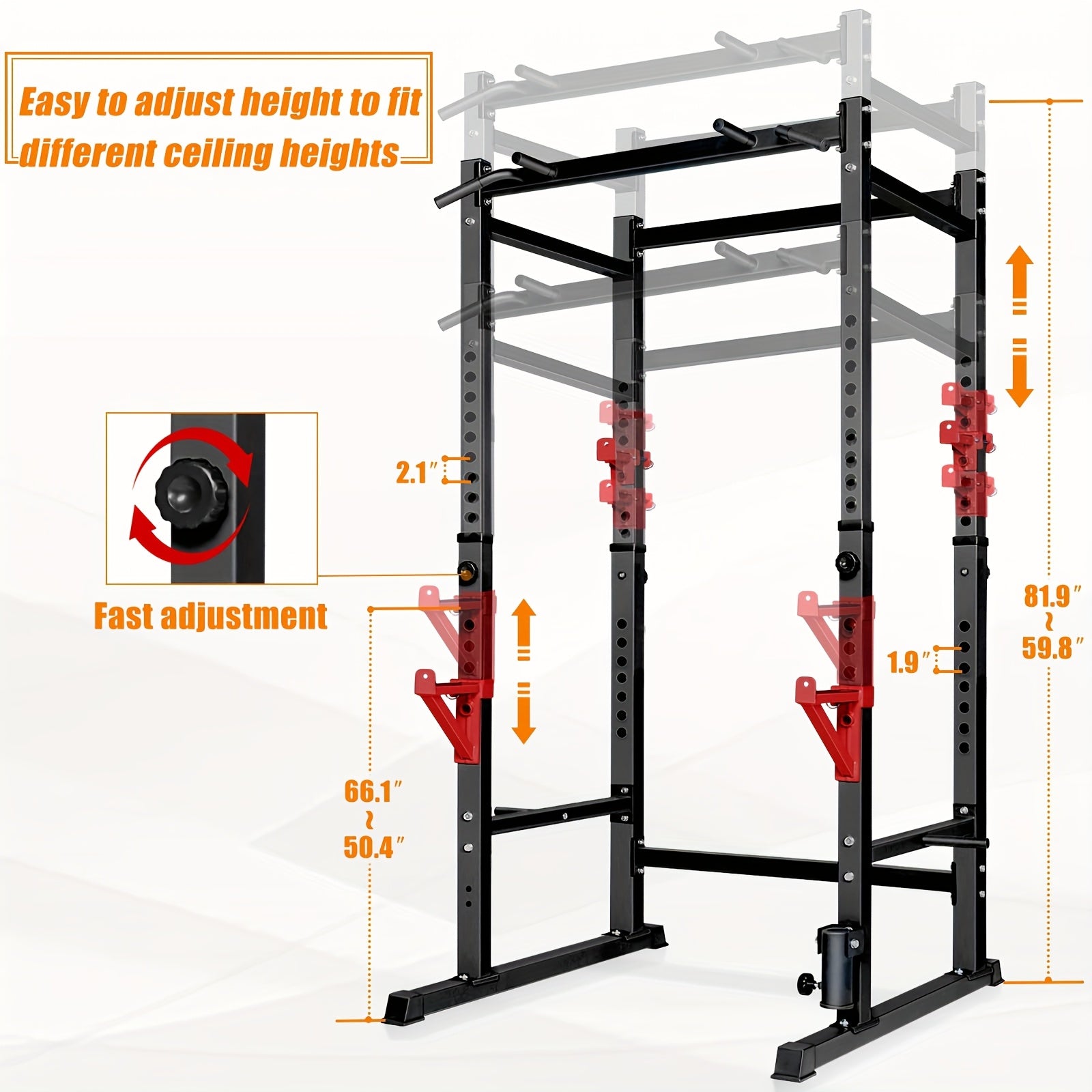 Adjustable squat rack with adjustable height feature on a white background