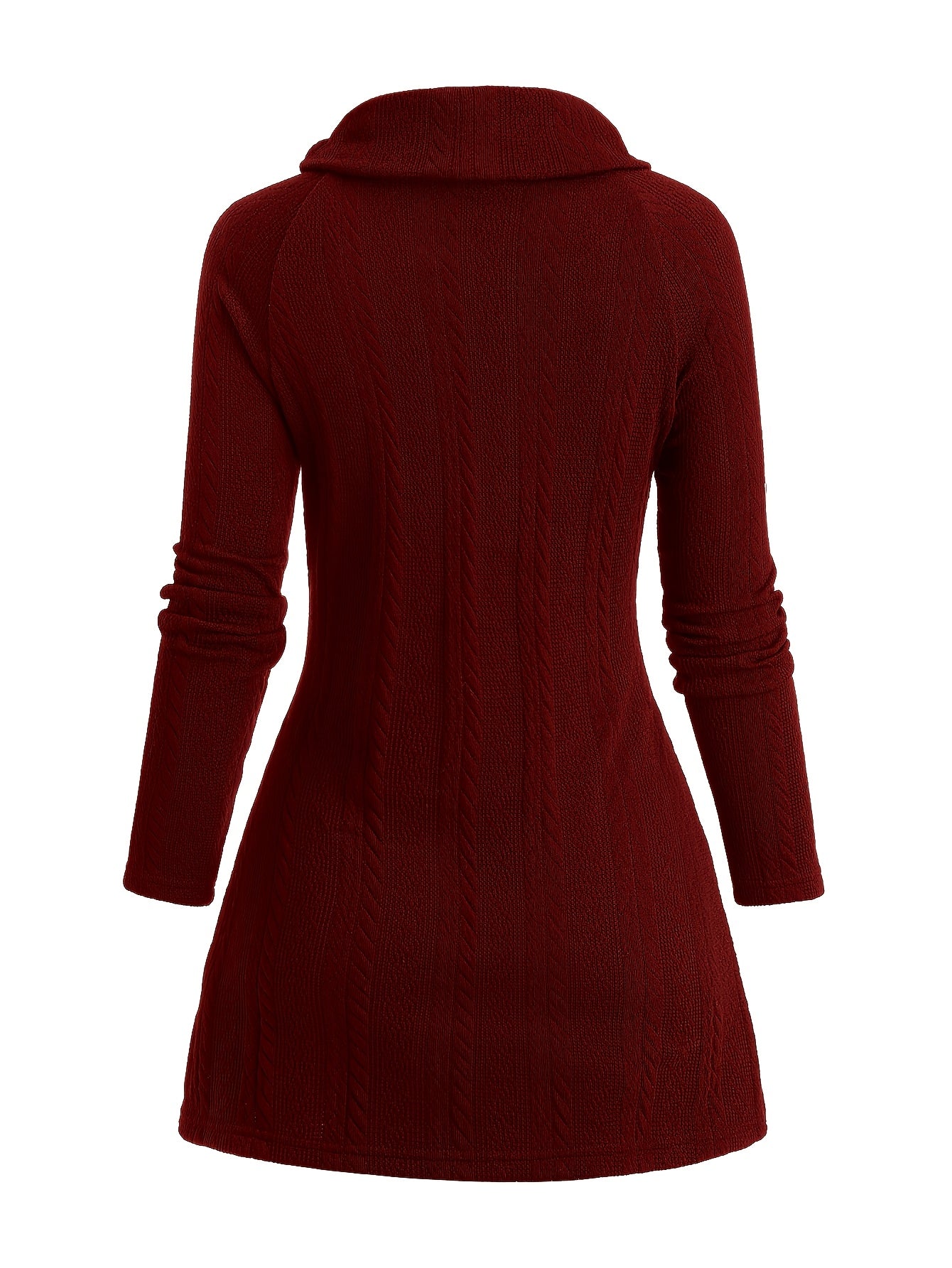 The back view of a red women's cable knit cardigan sold by 100 spartans