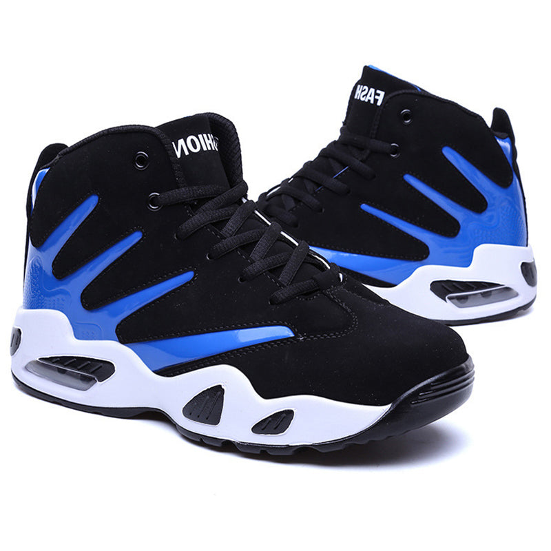 Black and blue high-top sneakers on a white background