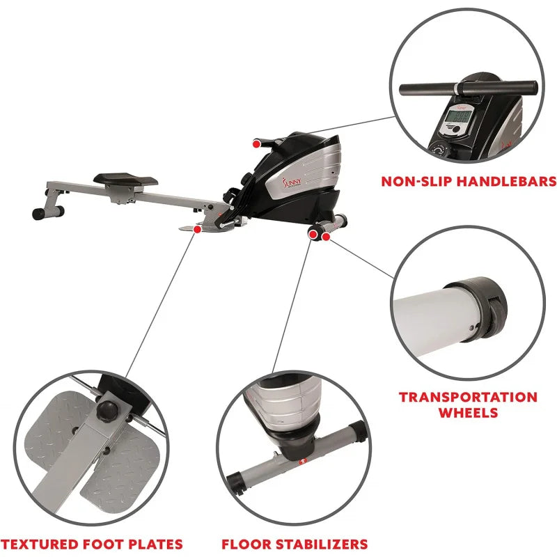 Different components of a sunny magnetic rowing machine sold by 100 Spartans