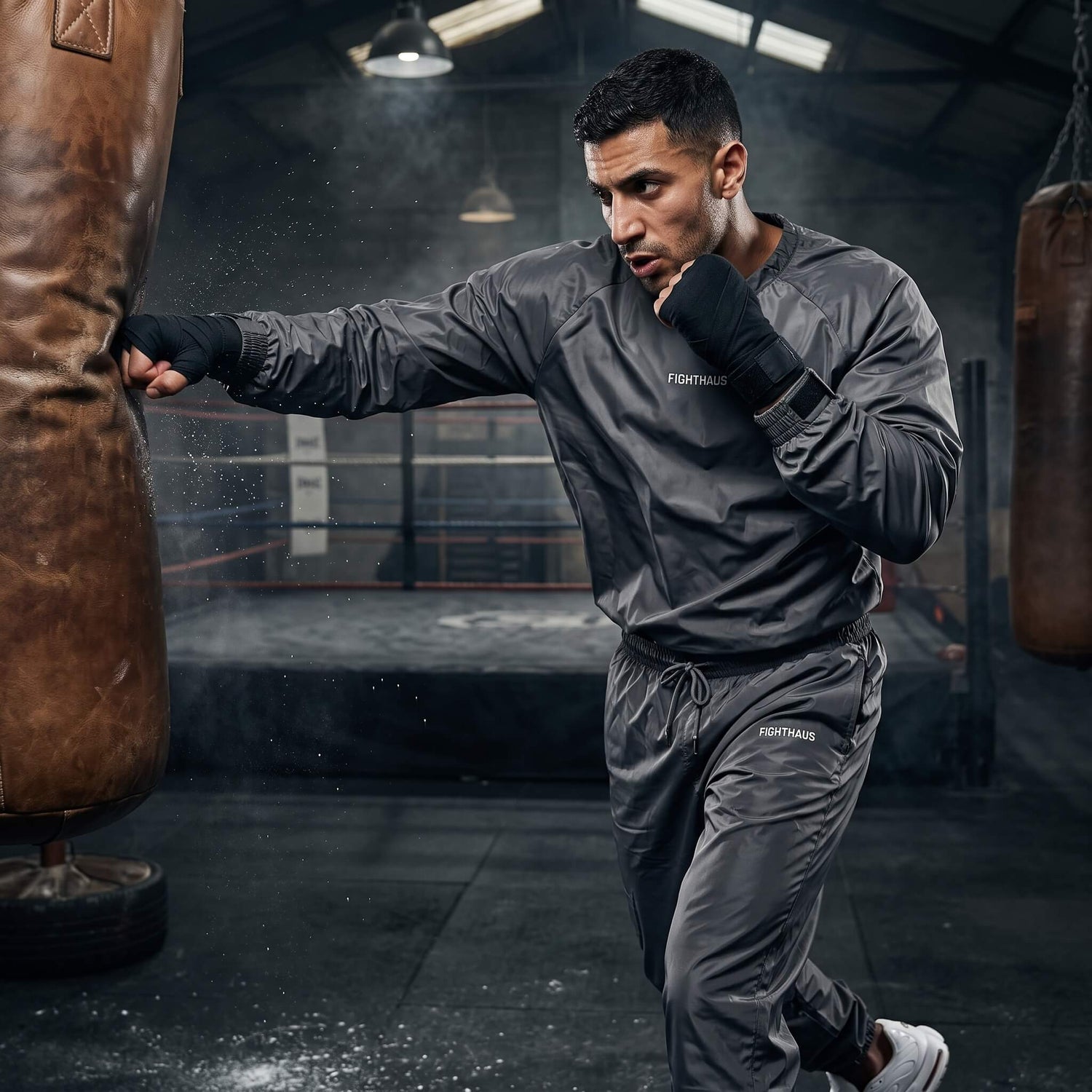 A man in a dark gray sauna suit punches a brown hanging punching bag in a gym. 