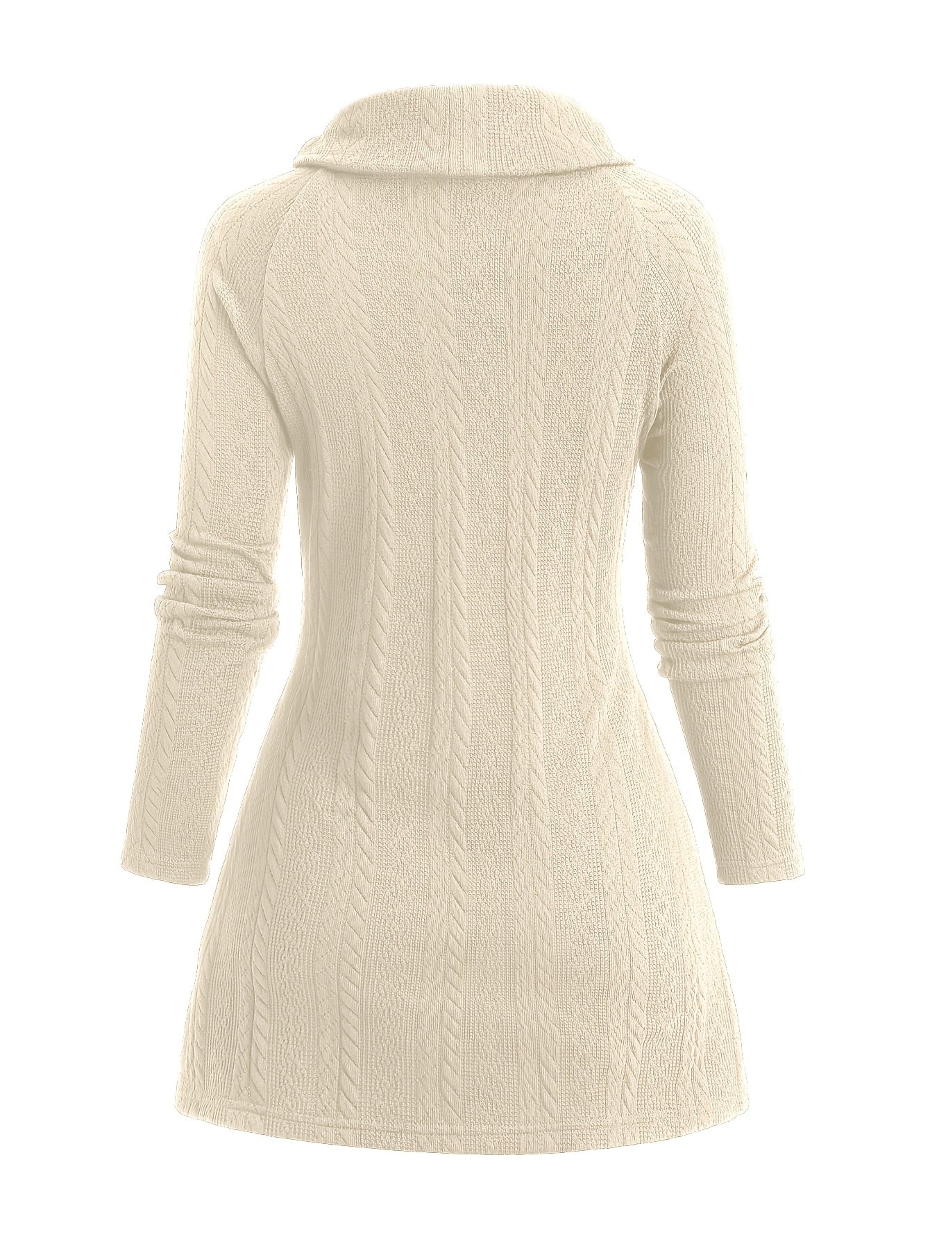 The back view of a beige women's cable knit cardigan sold by 100 spartans