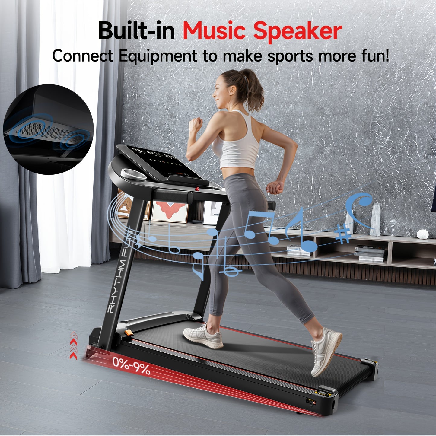 Woman running on a rhythm fun under desk treadmill with a built-in music speaker feature.