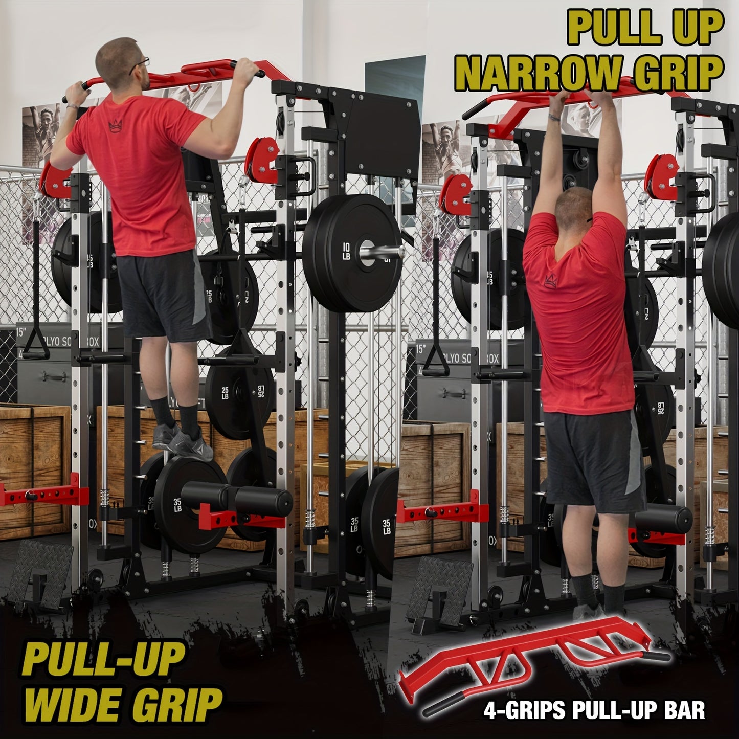 Person using a pull-up bar with different grips in a gym setting.
