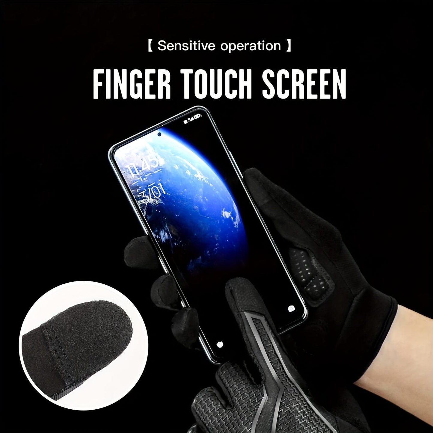 Person wearing a black full finger workout gloves using a smartphone with 'Sensitive operation' text and close-up of glove texture.