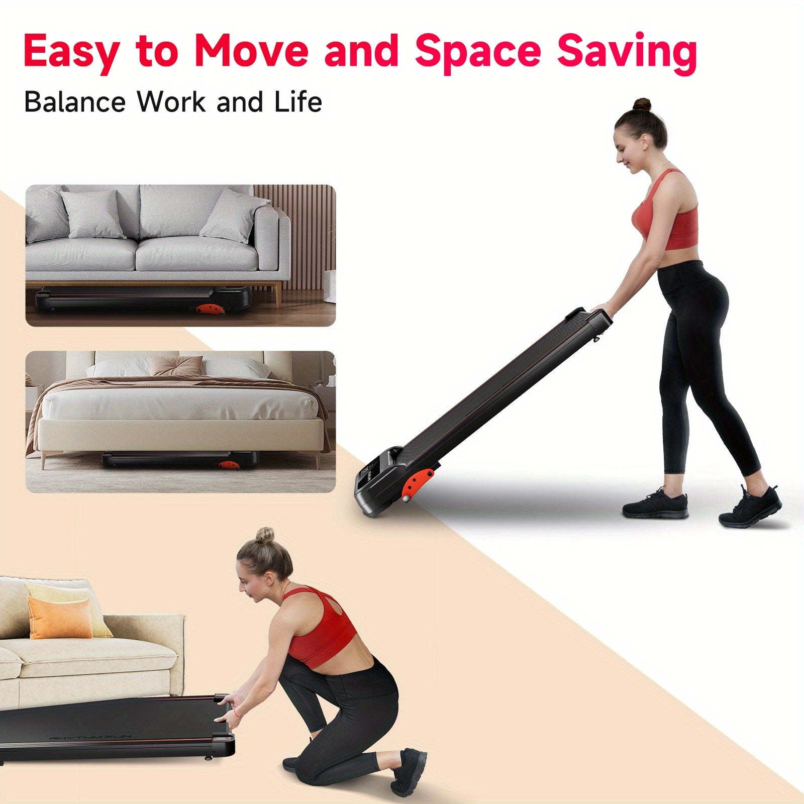 Woman moving a rhythm fun under desk treadmill sold by 100 Spartans