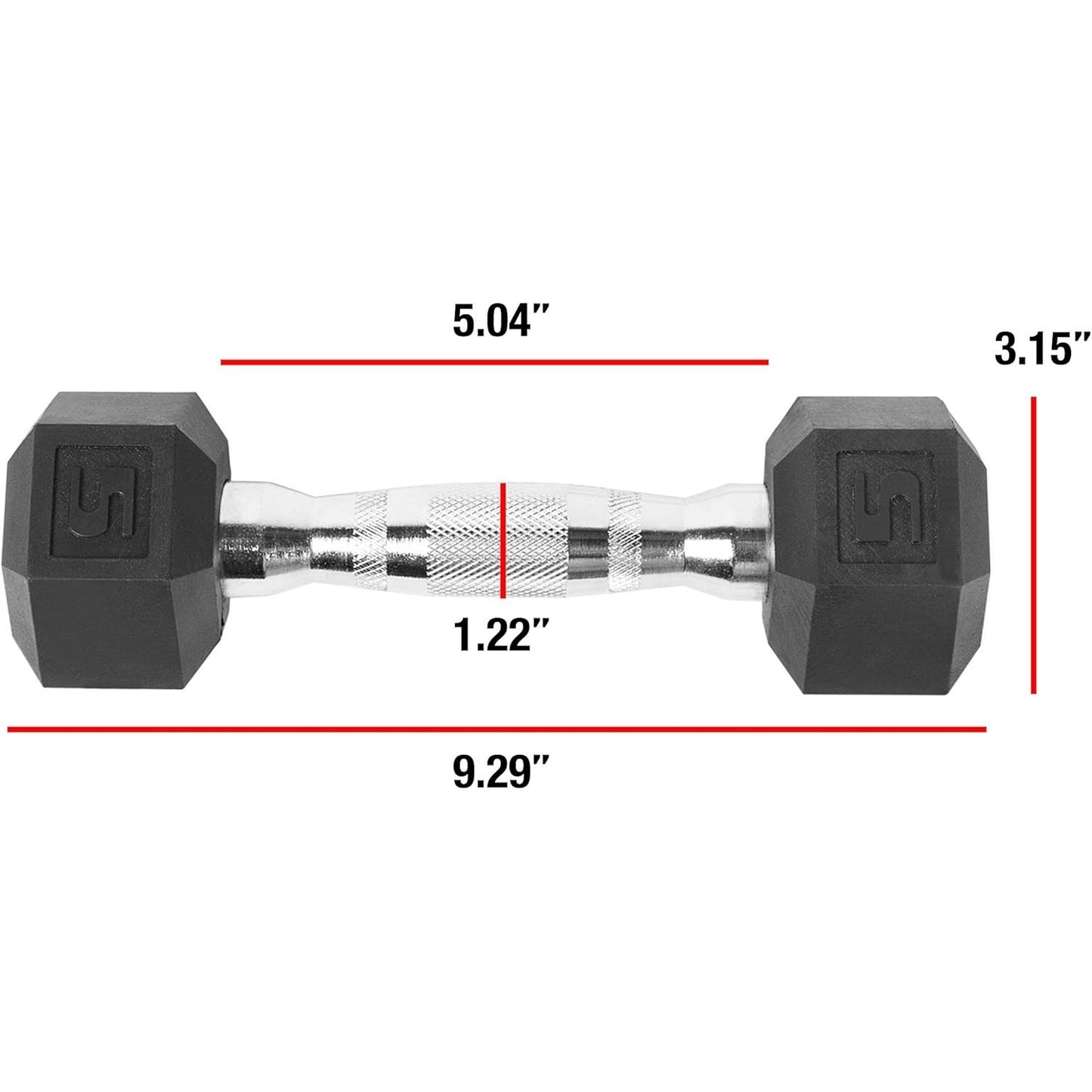 Hexagonal dumbbell with measurements on a white background