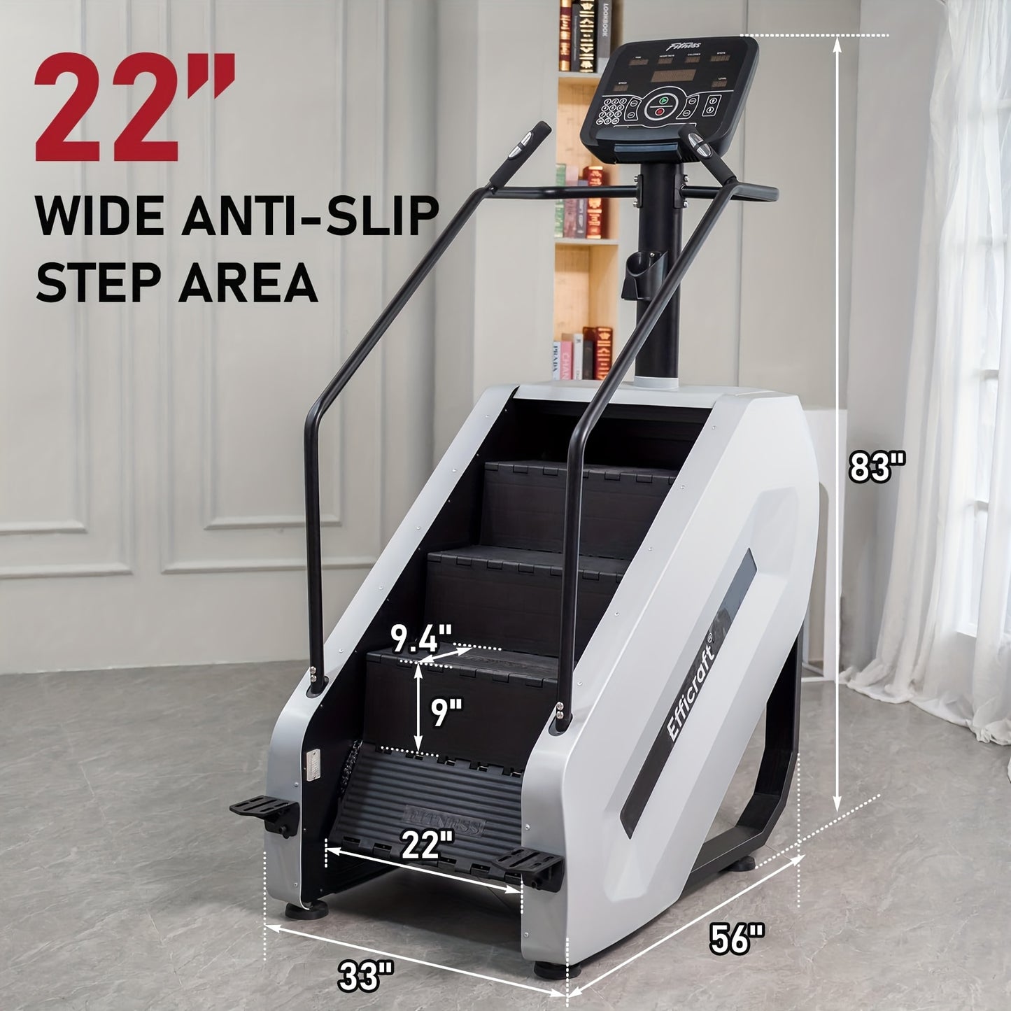 Stair limber machine with dimensions labeled in a home setting